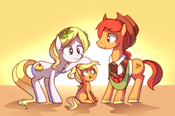Size: 1200x800 | Tagged: safe, artist:karzahnii, applejack, earth pony, pony, g4, apple, applejack's parents, backlighting, female, filly, foal, food, hatless, male, mare, missing accessory, sitting, stallion, young, younger