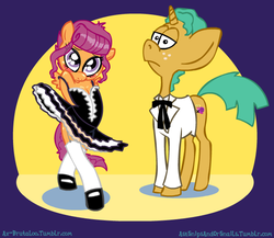 Size: 604x524 | Tagged: safe, scootaloo, snails, pony, unicorn, semi-anthro, asksnipsandorsnails, g4, ax brutaloo, bipedal, clothes, dress, female, male, shipping, snailoo, stallion, straight