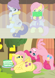 Size: 917x1280 | Tagged: safe, artist:stonershy, fluttershy, pinkie pie, rarity, earth pony, pegasus, pony, unicorn, g4, bathrobe, cake, clothes, fat, fattershy, female, food, mare, robe, sauna, weight gain, weight gain sequence