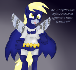 Size: 1487x1376 | Tagged: safe, artist:blackbewhite2k7, derpy hooves, pegasus, pony, g4, batman, batzarro, bipedal, chains, crossover, female, gradient background, mare, parody, solo, tongue out