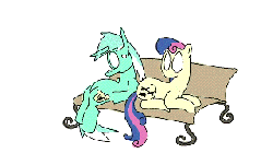 Size: 320x180 | Tagged: safe, artist:tranquilmind, bon bon, lyra heartstrings, sweetie drops, earth pony, pony, unicorn, g4, animated, baman piderman, bench, dragging, duo, female, frame by frame, gif, mare, no pupils, parody, simple background, sitting, squigglevision, wat, white background