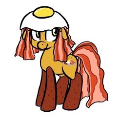 Size: 474x490 | Tagged: safe, artist:jessy, oc, oc only, food pony, original species, augmented tail, bacon, bacon and eggs, cute, egg (food), female, food, fried egg, mare, meat, simple background, solo, white background