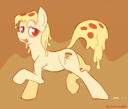 Size: 1280x1097 | Tagged: safe, artist:swaetshrit, oc, oc only, oc:mozzarella orgy, earth pony, food pony, original species, pizza pony, pony, :p, abstract background, blushing, dripping, female, lidded eyes, looking at you, mare, raised hoof, raised leg, silly, smiling, solo, sweat, tongue out