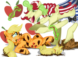 Size: 1000x735 | Tagged: safe, artist:jamescorck, applejack, flam, flim, earth pony, pony, unicorn, g4, abuse, bad end, crying, fanfic, female, flim flam brothers, grin, jackabuse, male, mare, mud, on back, sad, simple background, smiling, stallion, straw, the bad guy wins, there will be blood, white background