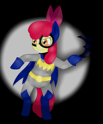 Size: 1306x1576 | Tagged: safe, artist:blackbewhite2k7, apple bloom, earth pony, pony, g4, batarang, batfilly, batgirl, batman, bipedal, costume, crossover, female, filly, parody, solo, tongue out