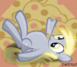 Size: 900x784 | Tagged: safe, artist:sm0r35, derpy hooves, pegasus, pony, g4, abstract background, aderpose, eat muffins every day, fat, female, mare, muffin, on back, smiling, solo, stuffed