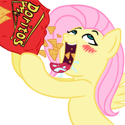 Size: 945x945 | Tagged: safe, artist:megasweet, artist:noobpwner, fluttershy, pegasus, pony, g4, ahegao, blushing, doritos, drool, eating, female, mare, product placement, simple background, solo, white background