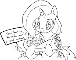 Size: 1846x1473 | Tagged: safe, artist:zev, trixie, pony, unicorn, g4, belly button, blushing, crying, female, flower, grayscale, mare, monochrome, pinecone, secret admirer, solo, tears of joy, valentine, wavy mouth