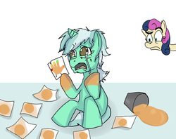 Size: 600x474 | Tagged: artist needed, safe, artist:klondike, bon bon, lyra heartstrings, sweetie drops, earth pony, pony, unicorn, g4, crying, female, hand, hand turkey, human behavior, humie, mare, paint, painting, sad, sitting