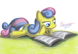 Size: 2327x1615 | Tagged: safe, artist:patoriotto, bon bon, sweetie drops, earth pony, pony, g4, book, female, mare, prone, reading, smiling, solo, traditional art
