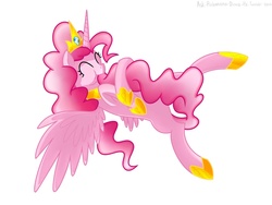 Size: 1024x768 | Tagged: safe, artist:frankier77, pinkie pie, alicorn, pony, g4, alicornified, belly, concave belly, cute, diapinkes, eyes closed, female, flying, hilarious in hindsight, mare, pinkiecorn, race swap, simple background, slender, solo, spread wings, tail bite, thin, this will end in parties, this will end in tears, white background, wings, xk-class end-of-the-world scenario