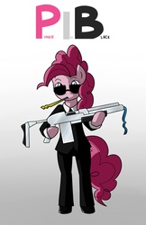 Size: 830x1280 | Tagged: safe, artist:frankier77, pinkie pie, earth pony, semi-anthro, g4, bipedal, clothes, crossover, female, gradient background, gun, men in black, parody, solo, suit, sunglasses, weapon