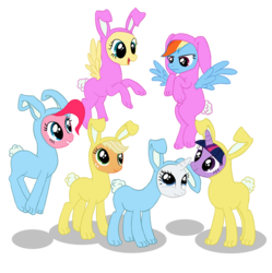 Size: 1447x1454 | Tagged: safe, artist:from-yesterday-xx, applejack, fluttershy, pinkie pie, rainbow dash, rarity, twilight sparkle, earth pony, pegasus, pony, unicorn, g4, animal costume, bunny costume, clothes, costume, female, mane six, mare, rainbow dash is not amused, simple background, transparent background, unamused