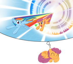 Size: 2880x2501 | Tagged: safe, artist:from-yesterday-xx, rainbow dash, scootaloo, pegasus, pony, g4, dream, duo, female, filly, flying, high res, mare, sleeping, smiling, sonic rainboom, sonic xboom