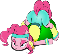 Size: 1735x1604 | Tagged: safe, artist:zev, pinkie pie, earth pony, pony, g4, aerobics, clothes, cute, diapinkes, face down ass up, female, headband, lidded eyes, mare, prone, simple background, solo, sweat, tired, transparent background, workout outfit, wristband