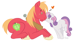 Size: 1014x570 | Tagged: dead source, safe, artist:cartoonlion, big macintosh, sweetie belle, earth pony, pony, unicorn, g4, boop, eyes closed, female, filly, frown, male, nose wrinkle, noseboop, nuzzling, prone, raised leg, ship:sweetiemac, shipping, simple background, smarty belle, smiling, stallion, straight, white background, wide eyes