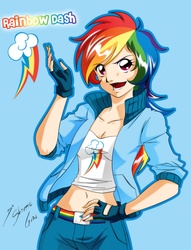 Size: 2362x3084 | Tagged: safe, artist:shinta-girl, rainbow dash, human, g4, belly button, clothes, female, fingerless gloves, fingernails, gloves, high res, humanized, midriff, open mouth, solo