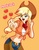 Size: 2421x3125 | Tagged: safe, artist:shinta-girl, applejack, human, g4, belly button, breasts, busty applejack, chaps, cleavage, female, front knot midriff, handkerchief, high res, humanized, midriff, open mouth, simple background, solo