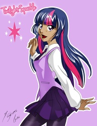 Size: 2362x3053 | Tagged: safe, artist:shinta-girl, twilight sparkle, human, g4, clothes, dark skin, female, high res, humanized, open mouth, pantyhose, skirt, solo