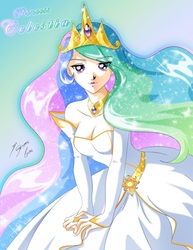 Size: 3543x4598 | Tagged: safe, artist:shinta-girl, princess celestia, human, g4, bare shoulders, breasts, cleavage, clothes, dress, female, gradient background, humanized, solo
