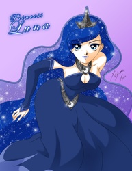 Size: 3543x4586 | Tagged: safe, artist:shinta-girl, princess luna, human, g4, armpits, bare shoulders, breasts, clothes, dress, female, humanized, looking at you, solo