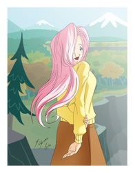 Size: 3331x4245 | Tagged: safe, artist:shinta-girl, fluttershy, human, g4, clothes, female, humanized, open mouth, rear view, skirt, solo, sweater, sweatershy, windswept mane