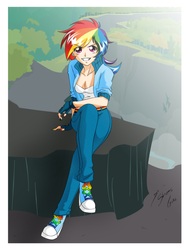 Size: 3123x4116 | Tagged: safe, artist:shinta-girl, rainbow dash, human, g4, clothes, converse, female, fingerless gloves, gloves, grin, humanized, looking at you, shoes, sitting, skinny, smiling, solo, thin