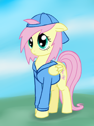 Size: 600x800 | Tagged: safe, artist:zelterxc, fluttershy, pegasus, pony, g4, alternate hairstyle, backwards ballcap, baseball cap, clothes, female, floppy ears, hat, hoodie, mare, solo