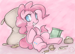 Size: 694x501 | Tagged: safe, artist:soulspade, pinkie pie, earth pony, pony, g4, female, flour sack, food, grin, mare, no pupils, on back, smiling, solo, spoon, sweets
