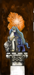 Size: 1800x4000 | Tagged: safe, artist:thegreekdollmaker, princess celestia, princess luna, alicorn, pony, g4, duo, duo female, female, looking at each other, mare, pedestal, raised hoof, s1 luna, traditional art