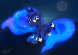Size: 1480x1050 | Tagged: dead source, safe, artist:sierraex, princess luna, alicorn, pony, g4, clothes, cutie mark on clothes, female, lidded eyes, mare, moon, prone, scarf, smiling, socks, solo