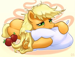 Size: 1000x767 | Tagged: safe, artist:gsphere, applejack, earth pony, pony, g4, abstract background, apple, bed mane, female, loose hair, mare, morning ponies, obligatory apple, pillow, prone, solo, tired