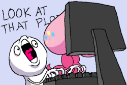 Size: 492x328 | Tagged: safe, pinkie pie, earth pony, human, pony, g4, balloonbutt, butt, computer, computer screen, female, hand, keyboard, male, mare, meme, open mouth, plot, reaction image, tongue out