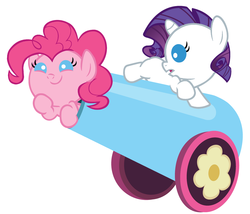 Size: 1280x1097 | Tagged: safe, artist:beavernator, pinkie pie, rarity, earth pony, pony, unicorn, g4, babity, baby, baby pie, baby pony, cute, duo, duo female, female, filly, foal, frown, open mouth, party cannon, pony cannonball, prone, simple background, smiling, white background