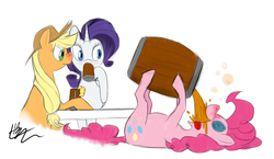 Size: 1216x704 | Tagged: safe, artist:prixt, applejack, pinkie pie, rarity, earth pony, pony, unicorn, g4, barrel, blushing, cider, drink, drunk, drunk aj, drunk rarity, female, mare, on back, swirly eyes, table, tongue out, uncouth