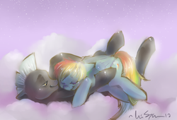 Size: 929x632 | Tagged: safe, artist:candyponi, rainbow dash, thunderlane, pegasus, pony, g4, boyfriend and girlfriend, cloud, cloudy, cuddling, duo, female, floppy ears, happy, hug, male, mare, on back, shipping, smiling, snuggling, stallion, straight, thunderdash