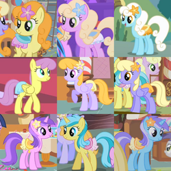 Size: 600x600 | Tagged: safe, edit, edited screencap, screencap, amethyst star, carrot top, diamond mint, drizzle, golden harvest, lemony gem, orange blossom, parasol, prim posy, serena, sparkler, spring forward, earth pony, pegasus, pony, unicorn, background pony, background pony chart, chart, clothes, collage, cropped, female, flower, flower in hair, folded wings, looking back, mare, palette swap, party ponies, raised hoof, recolor, romana, saddle, skirt, standing, tack, wings