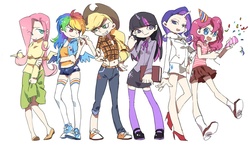 Size: 1400x827 | Tagged: safe, artist:newrein, applejack, fluttershy, pinkie pie, rainbow dash, rarity, twilight sparkle, human, g4, belly button, breasts, busty fluttershy, clothes, converse, cute, eye clipping through hair, female, horn, horned humanization, humanized, mane six, midriff, shoes, simple background, skirt, sneakers, socks, sweater, sweatershy, thigh highs, winged humanization, wings