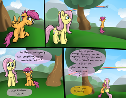 Size: 1584x1224 | Tagged: safe, artist:sirpayne, fluttershy, rainbow dash, scootaloo, pegasus, pony, g4, comic, female, filly, floppy ears, leaning, mare, rainbow trail, sad, scootaloo can't fly, sitting