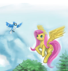 Size: 1024x1076 | Tagged: safe, artist:dozer, fluttershy, bird, blue jay, pegasus, pony, g4, blushing, female, flying, mare, smiling, solo, spread wings, wings