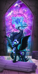 Size: 1696x3333 | Tagged: safe, artist:giuliabeck, nightmare moon, alicorn, pony, g4, female, mare, ruins, solo, spread wings, stained glass, wings