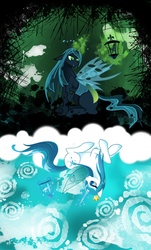 Size: 2975x4911 | Tagged: safe, artist:azurainalis, queen chrysalis, oc, oc:papillon, changeling, changeling queen, flutter pony, g4, crown, duality, flutter pony alicorn, jewelry, regalia, sitting, solo