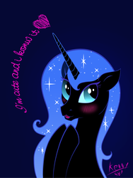 Size: 1606x2138 | Tagged: safe, artist:azurainalis, nightmare moon, alicorn, pony, g4, :3, blue background, blushing, cute, female, mare, missing accessory, moonabetes, nicemare moon, simple background, solo, wingless