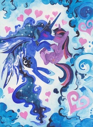 Size: 2550x3490 | Tagged: safe, artist:azurainalis, princess luna, twilight sparkle, alicorn, pony, unicorn, g4, abstract background, female, heart, high res, lesbian, mare, ship:twiluna, shipping, traditional art, watercolor painting