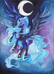 Size: 2550x3501 | Tagged: safe, artist:azurainalis, nightmare moon, alicorn, pony, g4, crescent moon, female, high res, mare, moon, rearing, solo, spread wings, traditional art, watercolor painting, wings