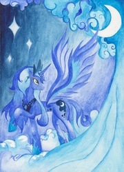 Size: 1652x2298 | Tagged: safe, artist:azurainalis, princess luna, alicorn, pony, g4, crescent moon, female, looking back, mare, raised hoof, solo, traditional art, watercolor painting