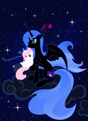 Size: 2550x3501 | Tagged: safe, artist:azurainalis, nightmare moon, princess celestia, alicorn, pony, g4, :3, annoyed, cewestia, cloud, dialogue, duo, female, filly, frown, glare, heart, high res, mare, missing accessory, mouth hold, night, nom, pink-mane celestia, raised hoof, sisters, sitting, smiling, spread wings, stars, younger