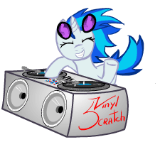 Size: 225x200 | Tagged: safe, artist:warpout, dj pon-3, vinyl scratch, pony, unicorn, g4, animated, female, gif, headbob, mare, red eyes, simple background, solo, transparent background, turntable, wrong eye color