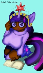 Size: 1700x2880 | Tagged: safe, artist:requiems-dirge, twilight sparkle, human, g4, big crown thingy, book, breasts, busty twilight sparkle, clothes, dark skin, eared humanization, element of magic, female, glasses, horn, horned humanization, humanized, skirt, socks, solo, sweater, tailed humanization