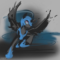 Size: 600x600 | Tagged: dead source, safe, artist:cenit-v, nightmare moon, alicorn, pony, g4, abstract background, action pose, female, mare, solo